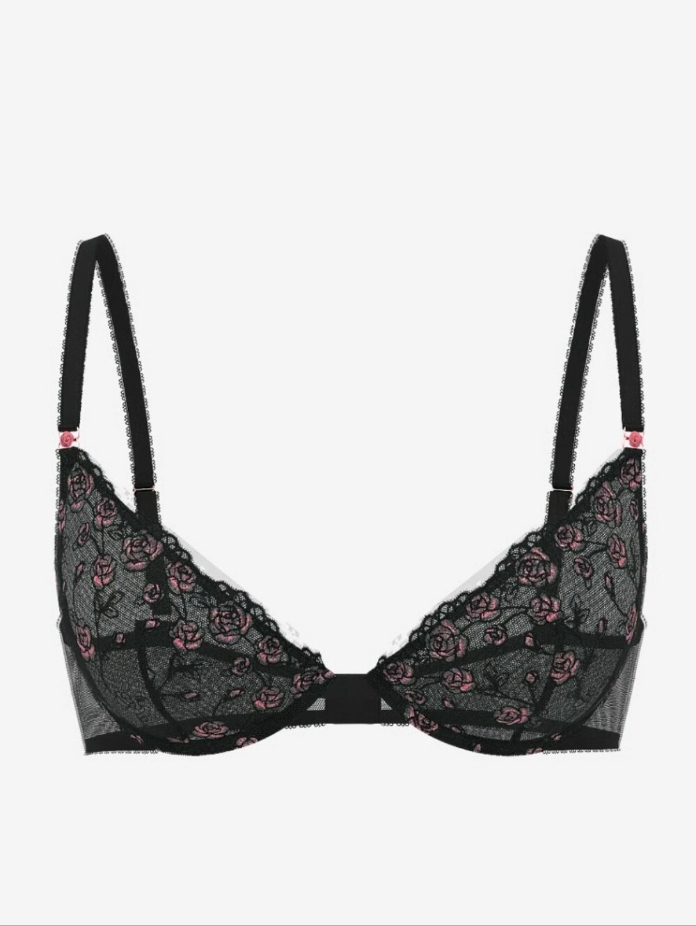 Victoria's Secret Black Sheer Bra with Pink Rose Embroidery